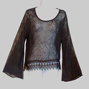 Mona B Smoky Black Sheer Witchy Whimsygoth Grunge Rocker Metal Top Lace L
